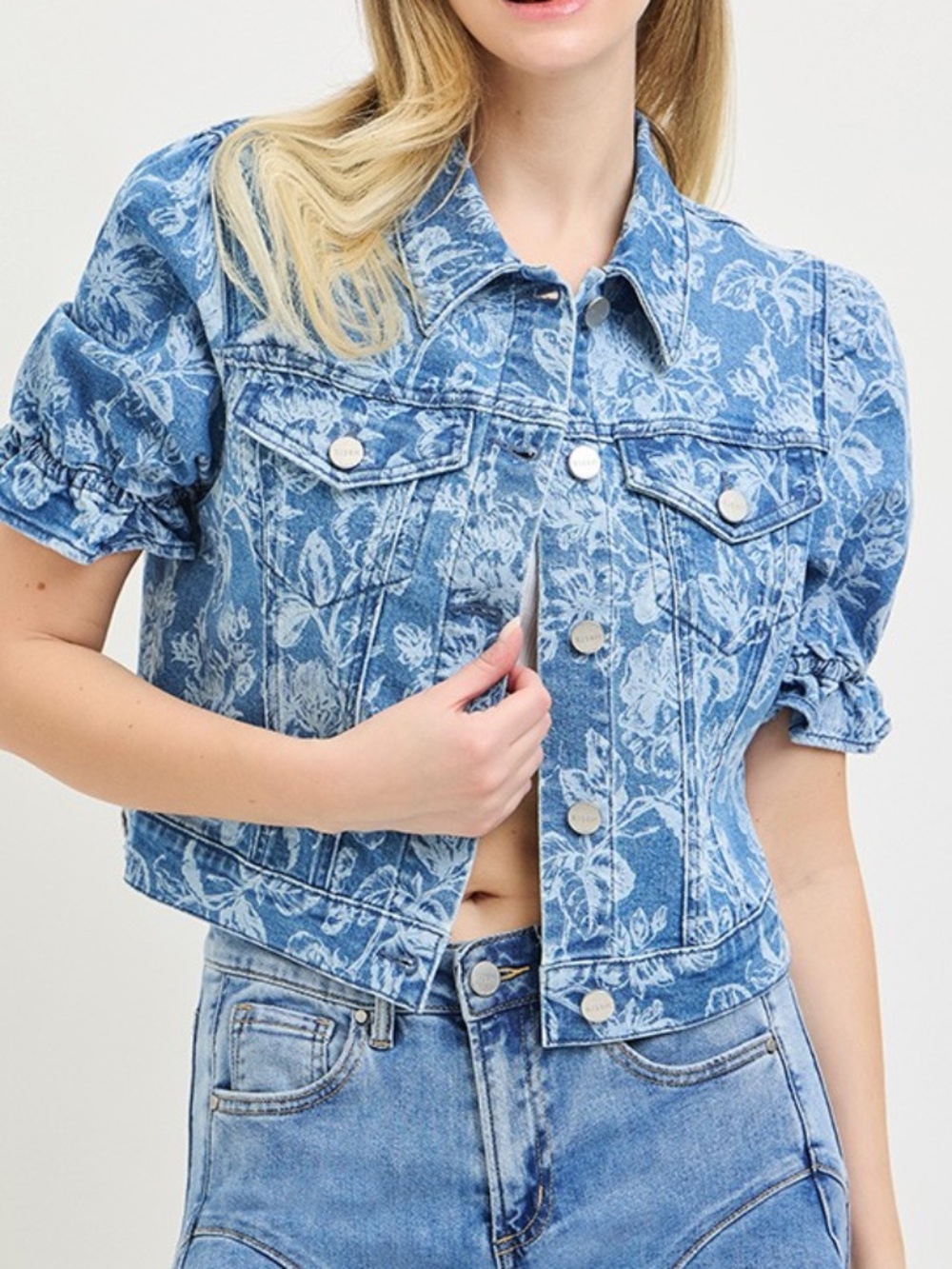Risen Medium Wash Floral Print Puff Sleeve Button Down Denim Jacket